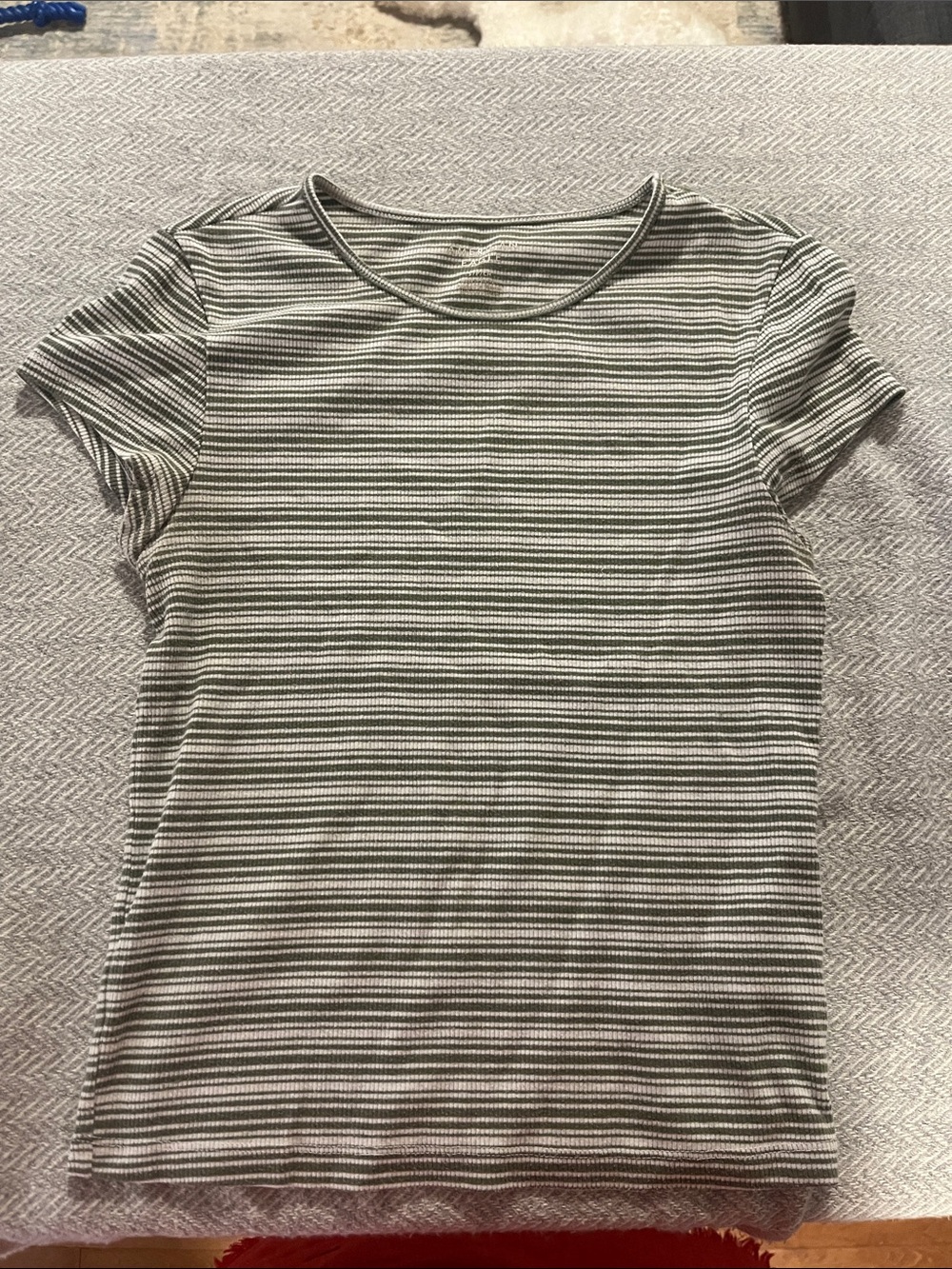 American Eagle Outfitters Olive and White Striped Short Sleeve Tee